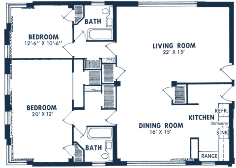 Floor plan for 2 beds, 2 baths, 1435 sqft